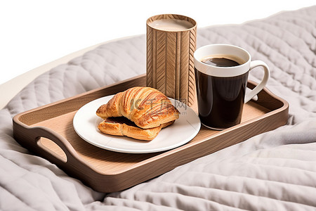 咖啡托盘背景图片_带咖啡杯和烤面包的咖啡托盘坐在白色毯子上