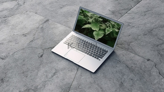 放置在混凝土地板上的笔记本电脑上植物顶视图的真实 3D 渲染