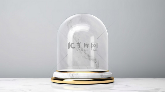 白色透明球背景图片_白色背景上带有玻璃圆顶的独立大理石讲台的 3D 渲染
