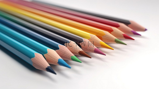 白色背景 3D 渲染中充满活力的彩色铅笔