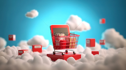物品移动背景图片_在线购物物品篮礼品盒云和智能手机的 3D 渲染