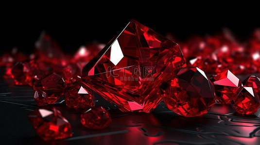 充满活力和几何形状的 3D 渲染红色水晶