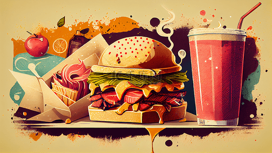 猪肉卡通背景图片_汉堡包果汁插画背景