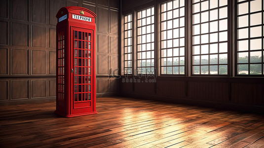 木地板上的传统英国红色电话亭 3d 模型