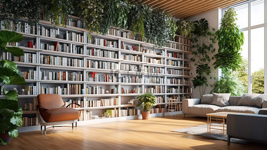 家居清背景图片_当代图书馆拥有时尚的书架和郁郁葱葱的绿色植物 3D 渲染