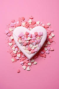 粉红色背景上的粉红色和白色五彩纸屑的情人节心形饼干