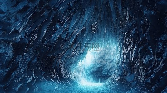 山水山水风景背景图片_冰冻洞穴的 3D 渲染，带有宁静的蓝色水流