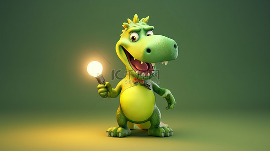 带标志和灯泡的幽默 3D 恐龙人物