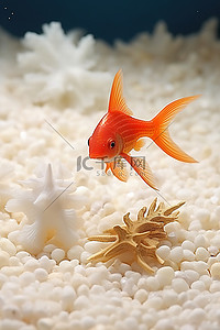 金色海星背景图片_橙色的鱼站在金色的海星旁边