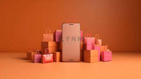 购物购物袋背景图片_3d 渲染智能手机与网上购物购物袋