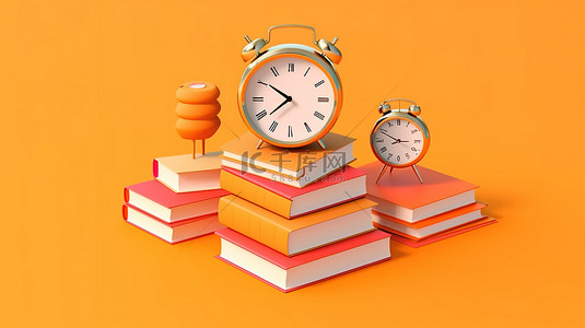 学校教育教学背景图片_回到学校，现代等距教育概念，橙色背景上有书籍和时钟