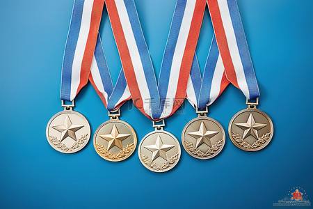 金色奖牌背景图片_蓝色背景上悬挂的四枚奖牌