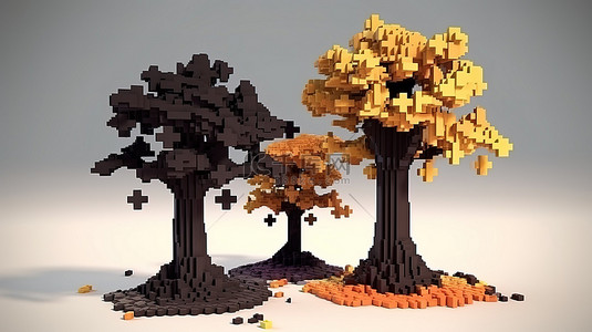 卡通枫树背景图片_怪异的秋季景观中的像素化 3D 卡通树，非常适合万圣节装饰