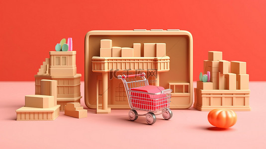 球类超市背景图片_彻底改变超市手推车营销智能手机和在线购买包裹的购物 3D 渲染