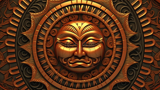 融入毛利波利尼西亚图案的太阳脸的 3D 插图