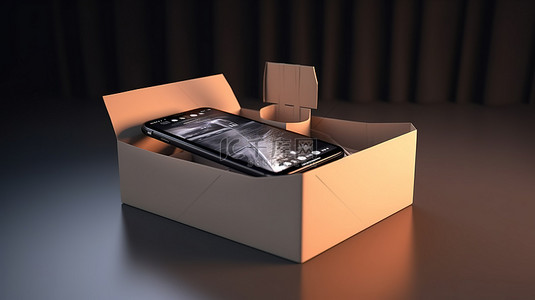 物流手机购物背景图片_智能手机变成了 3D 渲染的购物盒