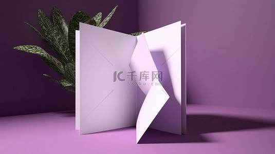 三折纸小册子模型在 3D 与紫色背景和微妙的阴影在前折