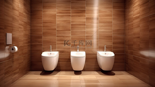 棕色砖墙背景图片_白色 3D 陶瓷厕所在卫生间与棕色瓷砖墙和地板背景