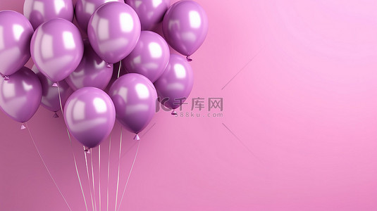 气球紫色背景图片_一群粉色气球反对充满活力的紫色墙壁水平横幅 3d 渲染