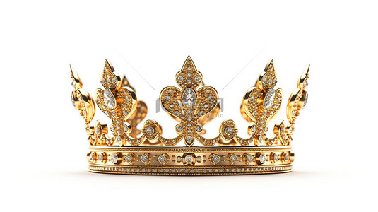 白色背景上孤立的皇家金冠的 3D 渲染