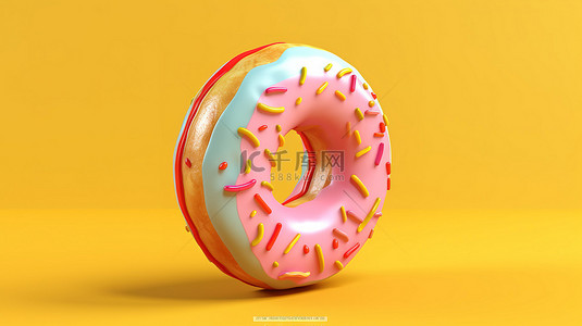 柔和的黄色背景上充满活力的甜甜圈的 3D 渲染
