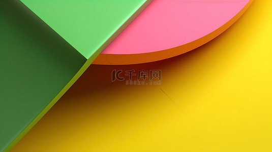 倾斜几何形状的抽象最小 3D 渲染，右上角粉色，左侧绿色，角落黄色