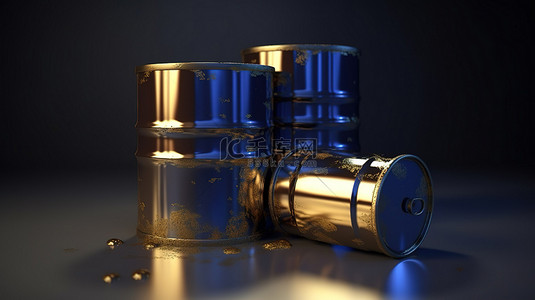 石油化工背景图片_3d 渲染中的金色油桶和蓝色汽油罐