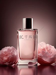 玫瑰花化妆品背景背景图片_玫瑰花女士香水瓶特写时尚摄影广告背景
