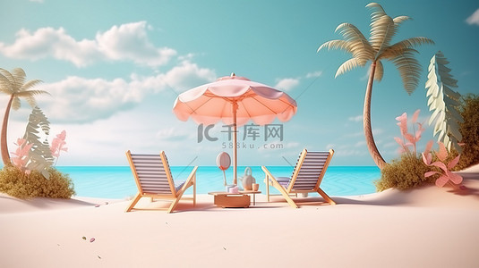 用 3D 插图的令人惊叹的海滩景观迎接夏天