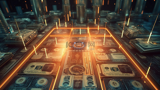 美元货币金融银行和技术的三维插图
