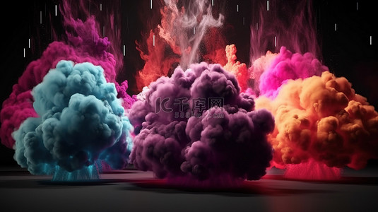 炸弹爆炸效果背景图片_充满活力的爆炸，彩色冲击波和烟雾云的 3d 渲染
