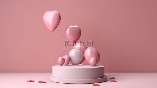 充满爱的平台粉红心形讲台礼品盒和气球底座 3d