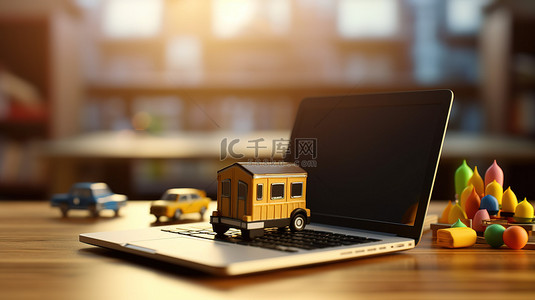 用于在线学习的笔记本电脑的 3D 插图放置在教室桌子上，有充足的复印空间