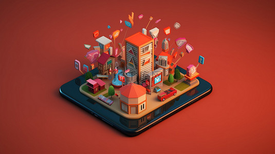 智能手机购物背景图片_带有智能手机购物促销图标和 3D 渲染在线购物概念的电子商务应用程序的插图