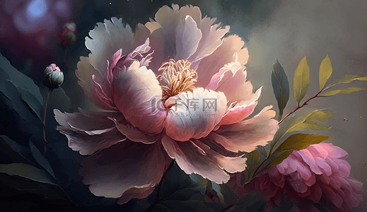 装饰画风景背景图片_粉色的牡丹花盛开花卉油画背景