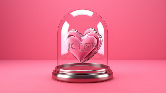 受保护的心脏包裹在玻璃中，在 3D 渲染中的粉红色背景下