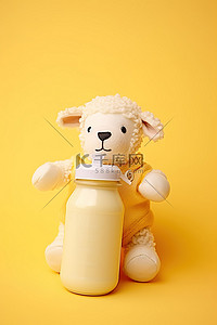 黄色填充背景图片_黄色背景中的填充羊拿着瓶装牛奶