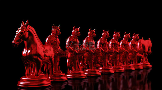 3d 渲染中的孤立黑色背景红色骑士棋子
