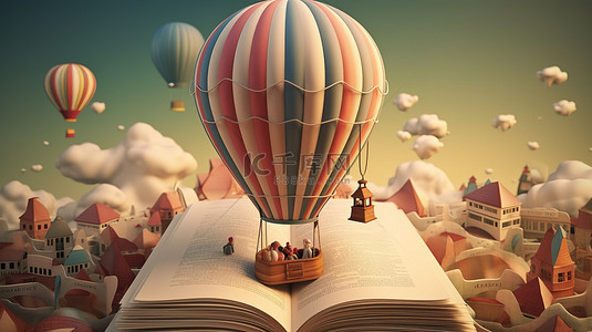 工作手册背景图片_儿童读物中一个孩子乘坐热气球的说明性 3D 背景