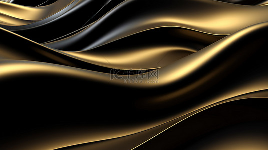黑色3d质感背景背景图片_波浪风格的时尚黑色和金色背景的 3D 渲染