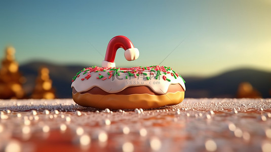 湖南糕点背景图片_圣诞主题甜甜圈，带有 3D 渲染的圣诞老人帽子