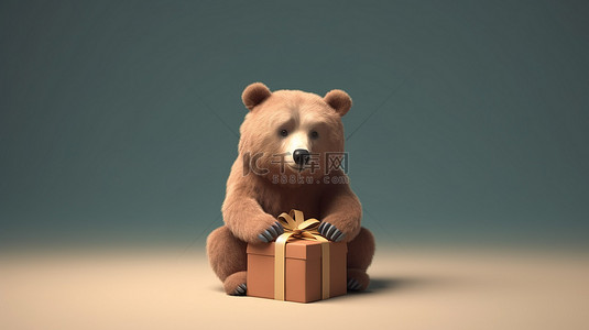 可爱的棕熊背景图片_可爱的棕熊，带着礼品盒，呈现令人惊叹的 3D 渲染效果