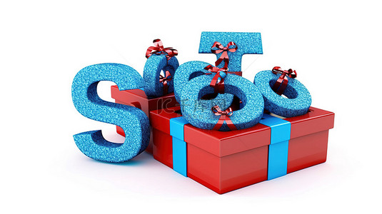 3d 渲染红色礼品盒，白色背景中带有蓝色 seo 标志字母
