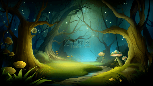 夜晚森林背景背景图片_森林夜晚蘑菇背景