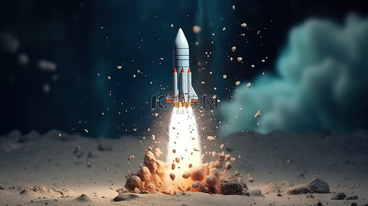 象征创业的火箭从地面起飞的 3d 插图