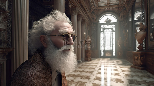 戴眼镜男人背景图片_数字艺术作品：宫殿里一位戴眼镜留着卷曲胡须的老人