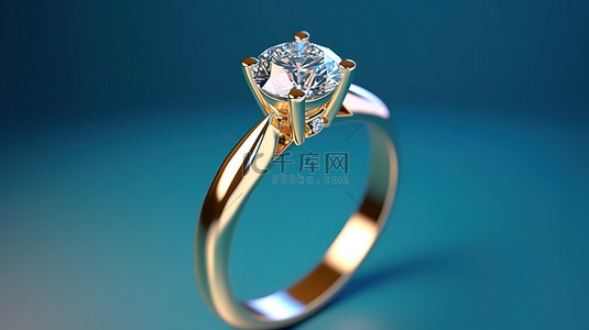 蓝色恋爱背景图片_蓝色背景上孤立的金钻石戒指的 3D 渲染