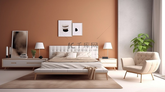 现代室内装饰的现代家具口音米色斯堪的纳维亚卧室渲染