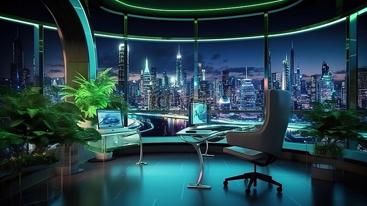 令人惊叹的未来派办公室内部与充满活力的绿色植物和迷人的城市景观视图 3D 渲染