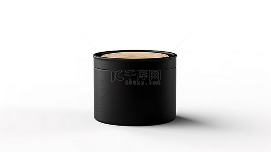 白色背景黑色锡罐样机上软木塞树帽的 3D 渲染
